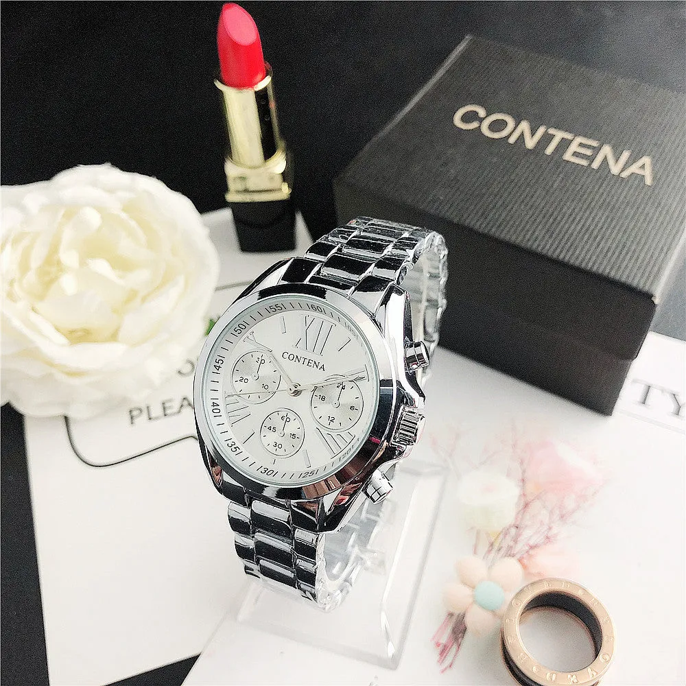 Women's silver and gold diamond quartz watch with mesh strap and analogue display
