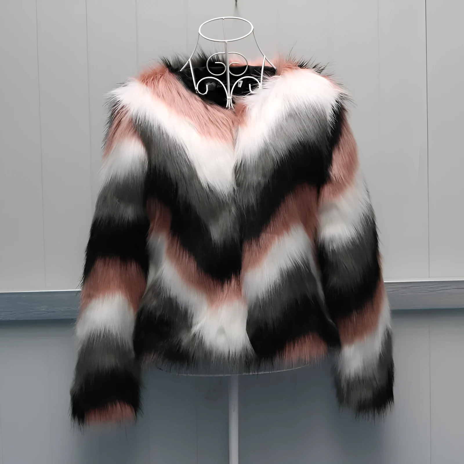 Korean style women's faux fur leather coat with O-neck design