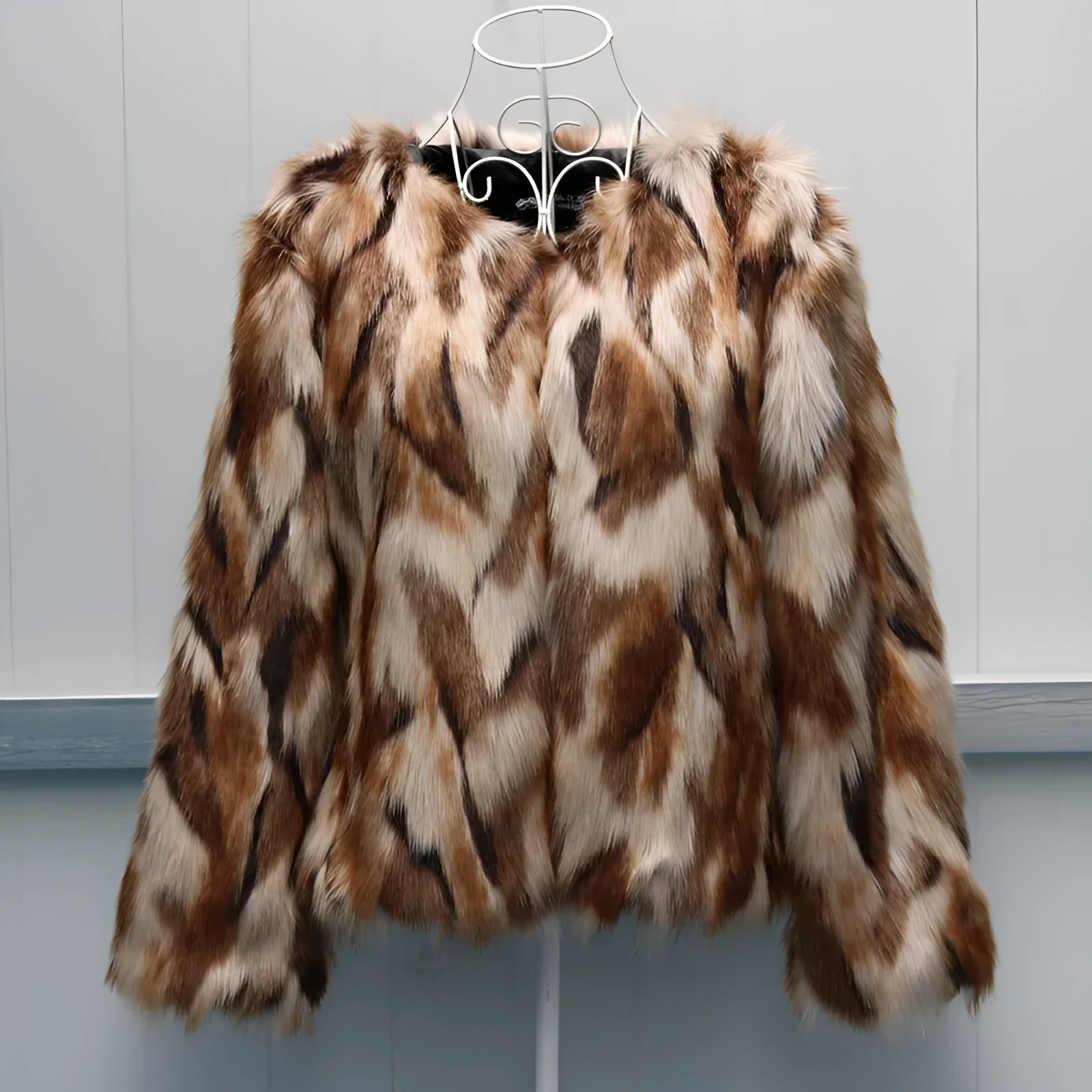 Korean slim-fit women's faux fur coat in artificial fur, shown in product colour.