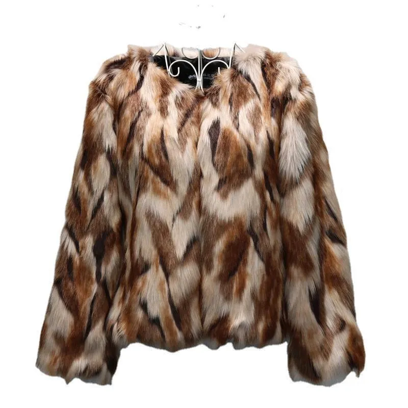 Korean slim-fit women's faux fur coat in artificial fur, shown in product colour.