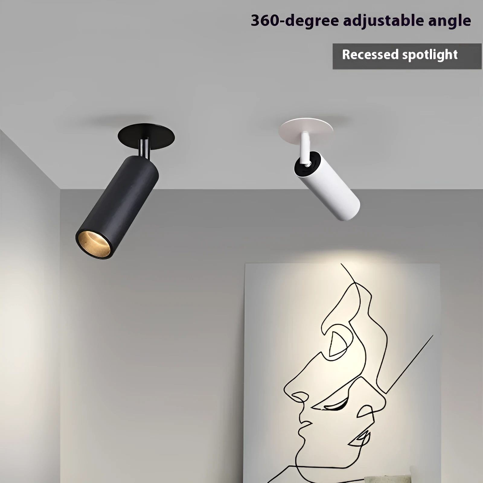 Black recessed cylinder LED spotlight installed in a ceiling track, showing adjustable head.