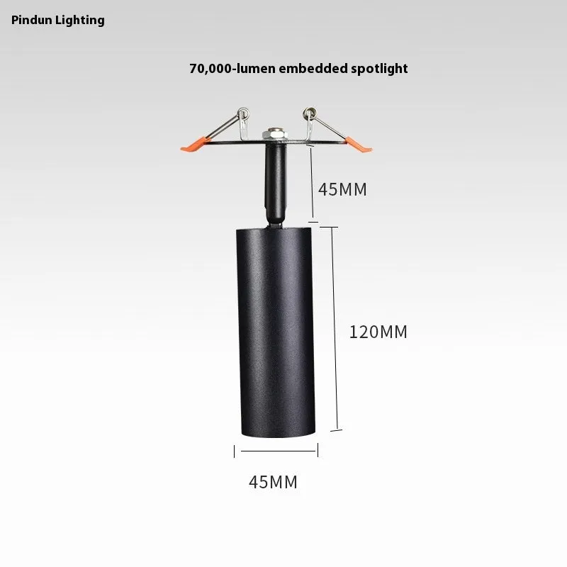 Black recessed cylinder LED spotlight installed in a ceiling track, showing adjustable head.