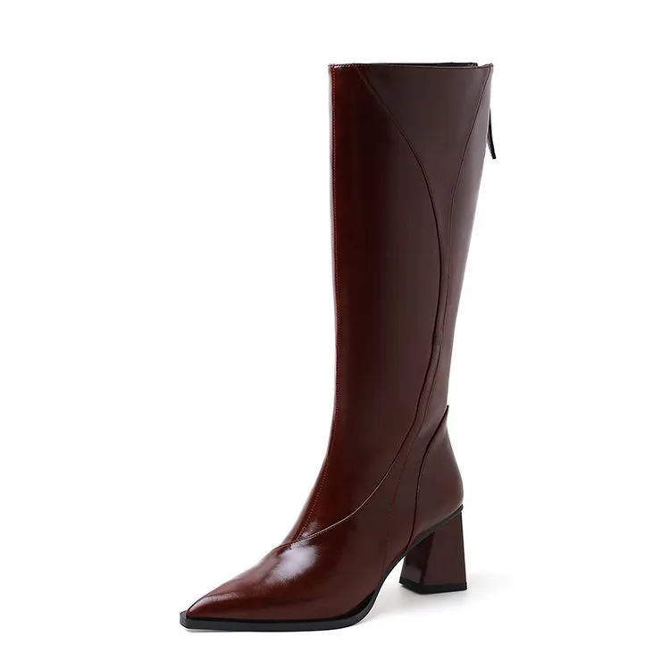 Women's black retro high heel riding boots with lace-up front and waterproof platform sole