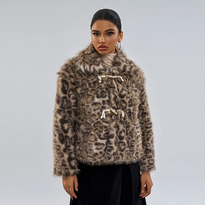 Women's leopard print polyester coat with a buckle lapel closure on a hanger.