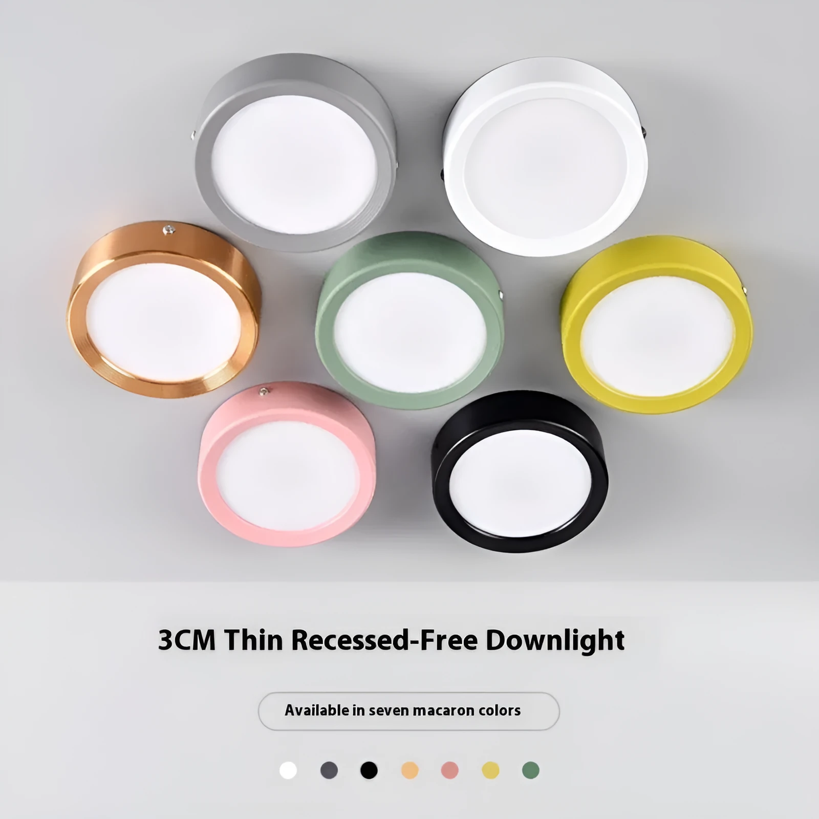 Ultra-thin surface mounted LED downlight in multiple shell colour options.