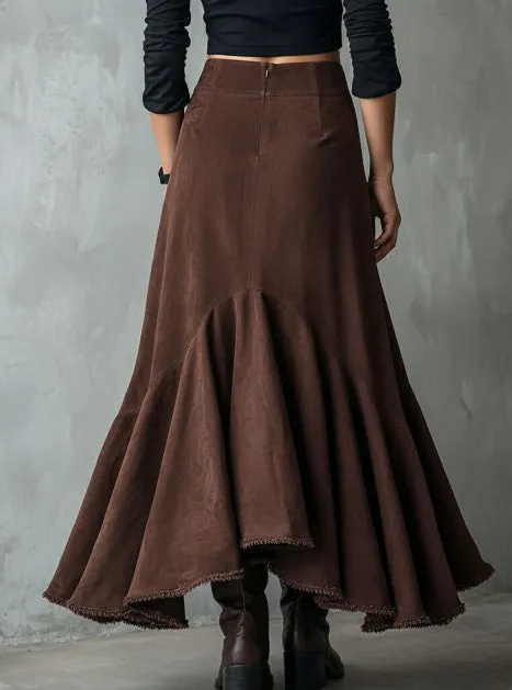 Western Brown polyester maxi skirt with high-low hemline and ruffle detailing