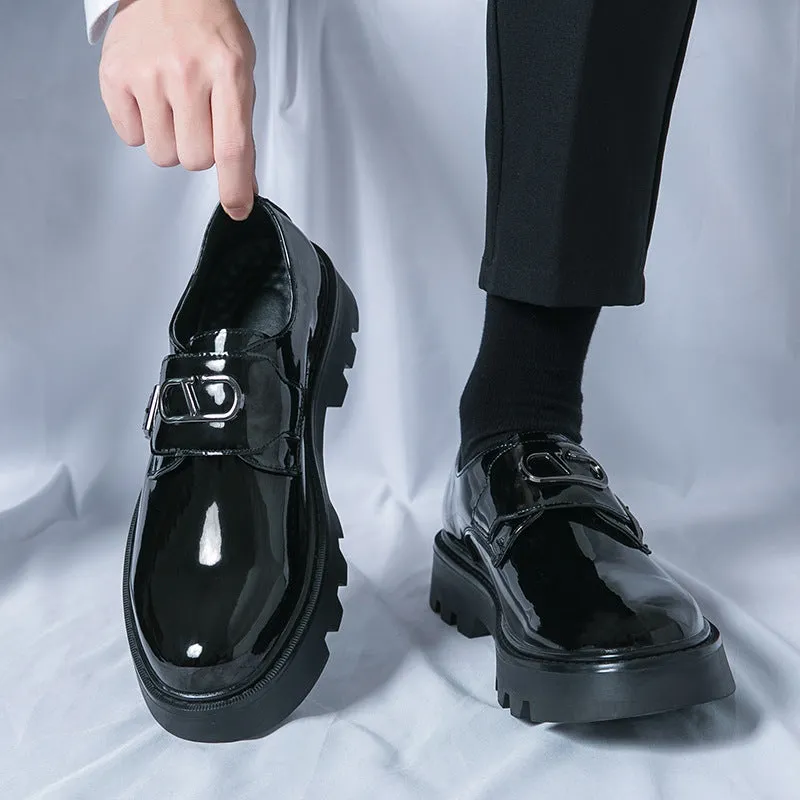 Men's glossy black platform loafers with hidden low heel
