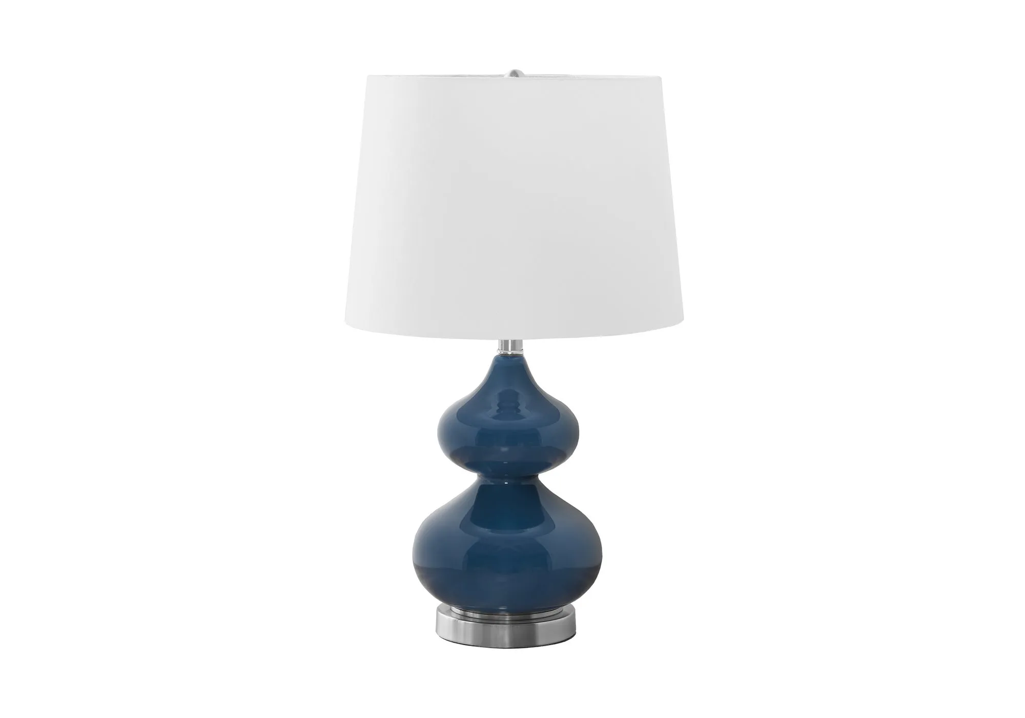 Blue crystal glass desk lamp with a cloth shade for a child's bedroom, shown on a desk.