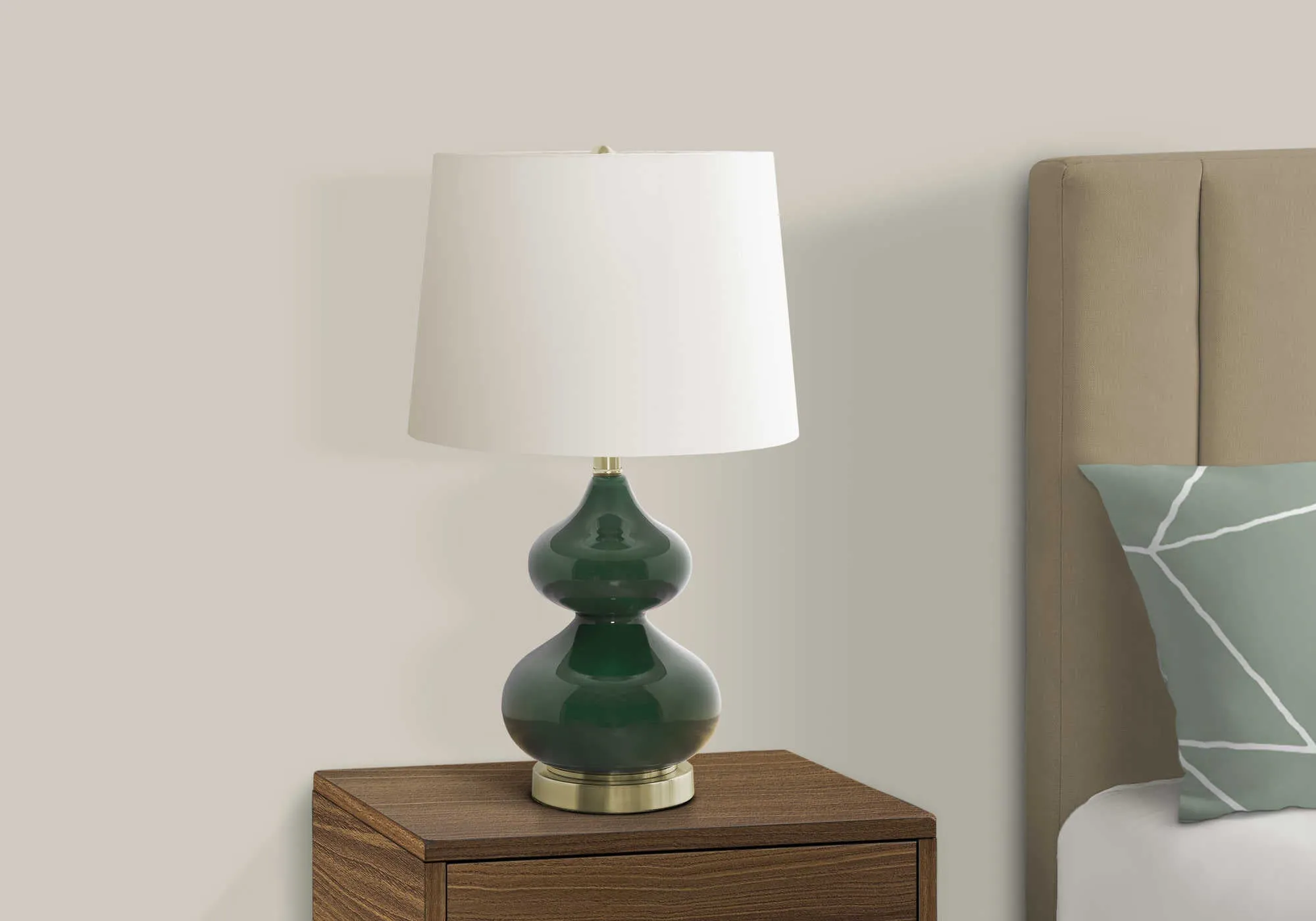 Blue crystal glass desk lamp with a cloth shade for a child's bedroom, shown on a desk.