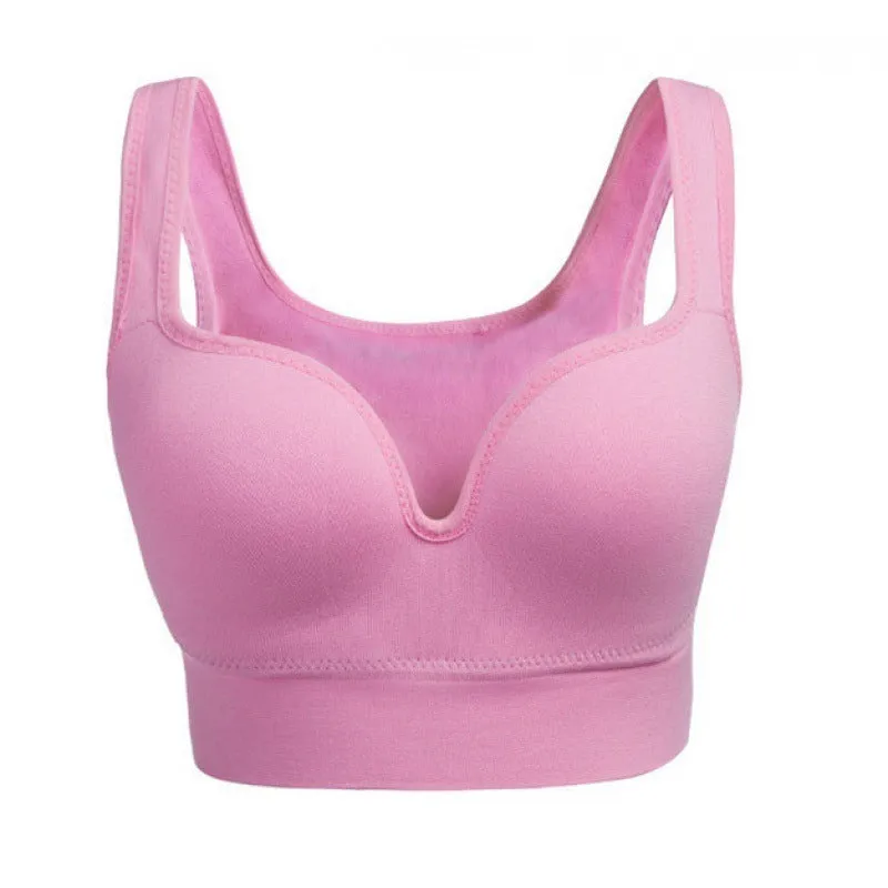 Women's reinforced shockproof sports bra showing fixed double-shoulder straps and 3/4 cup design