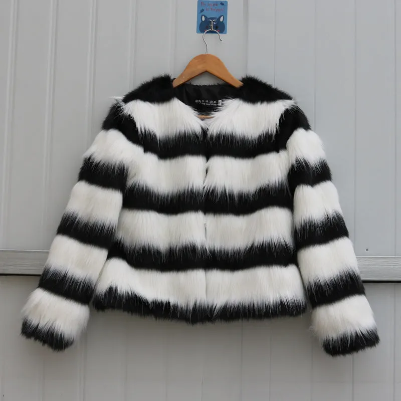 Black and white striped faux fur long-sleeved leather jacket for women