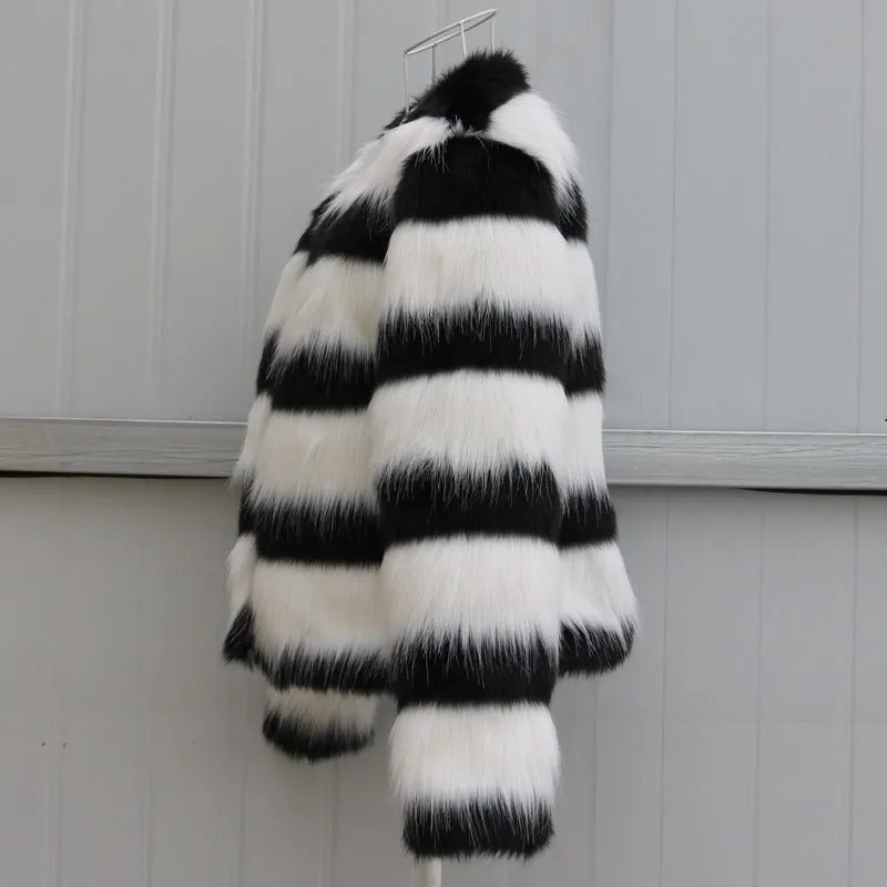 Black and white striped faux fur long-sleeved leather jacket for women