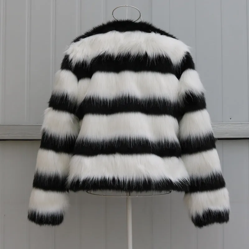 Black and white striped faux fur long-sleeved leather jacket for women