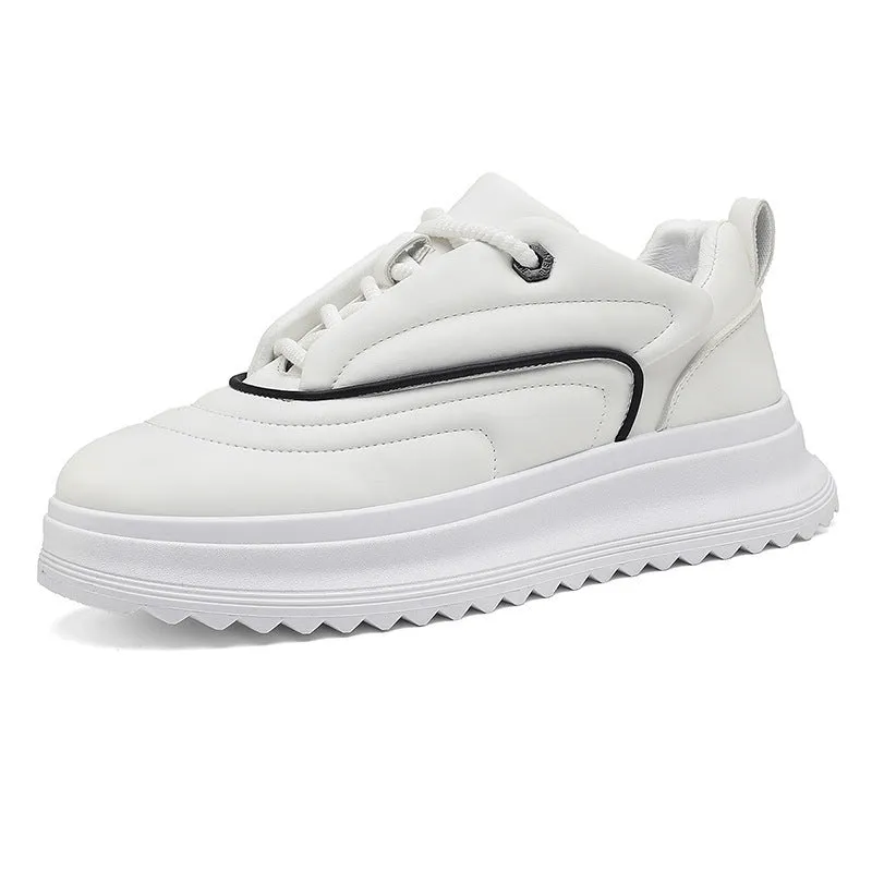 PU leather casual shoes with a thick sole and low heel in khaki, apricot, ivory white, and black knight colours.