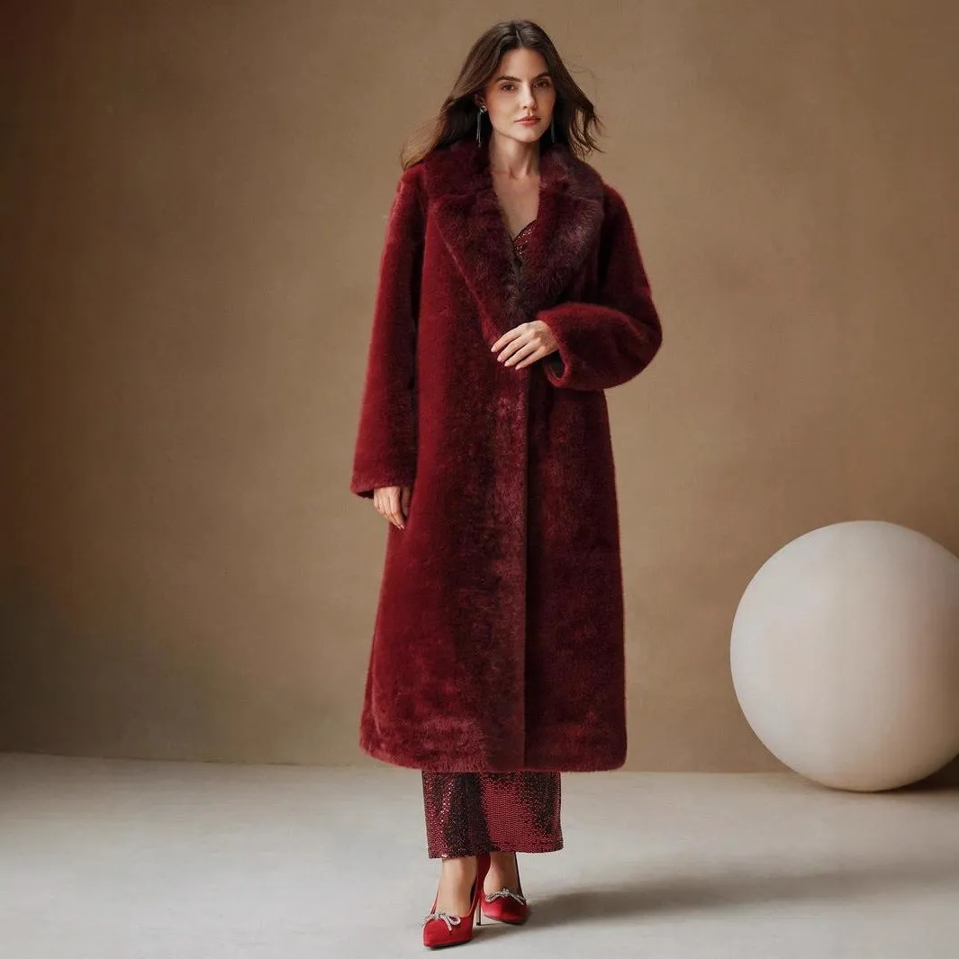 Women's longline faux fur coat in camel colour with regular sleeves and 100cm length