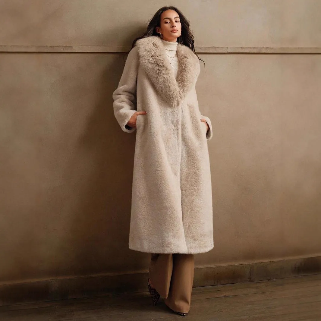 Women's longline faux fur coat in camel colour with regular sleeves and 100cm length