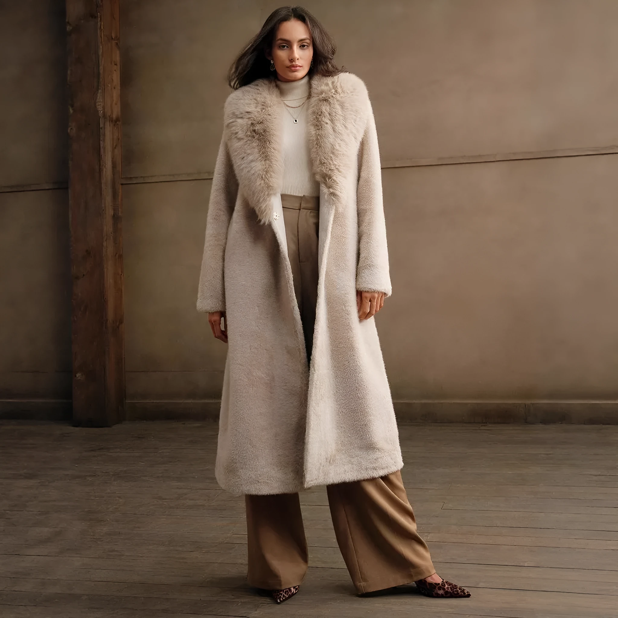 Women's longline faux fur coat in camel colour with regular sleeves and 100cm length