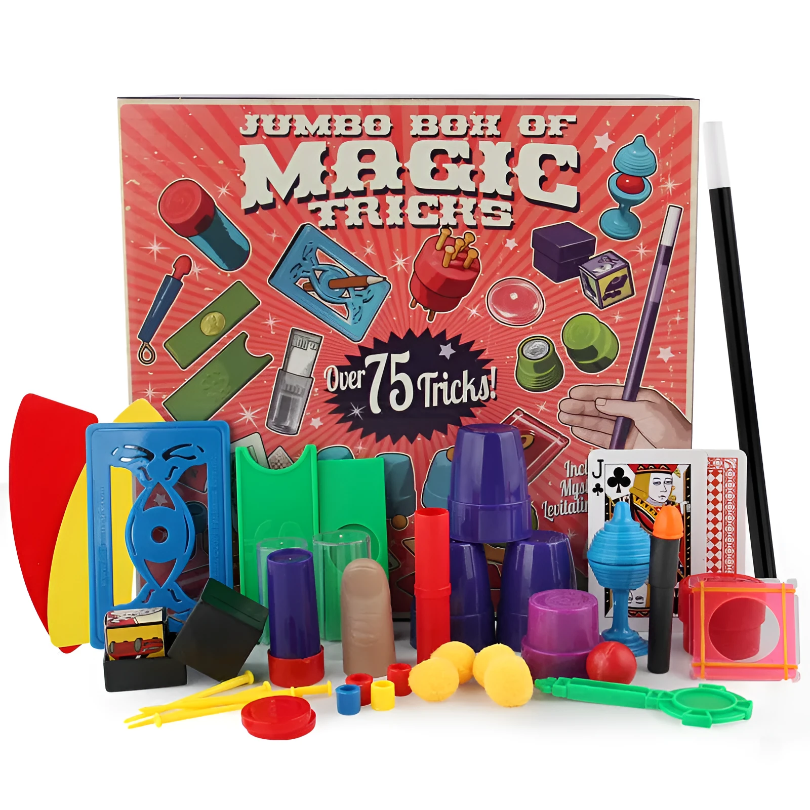 Magic toy set with plastic props for children aged 3-7 years in purple and red colours