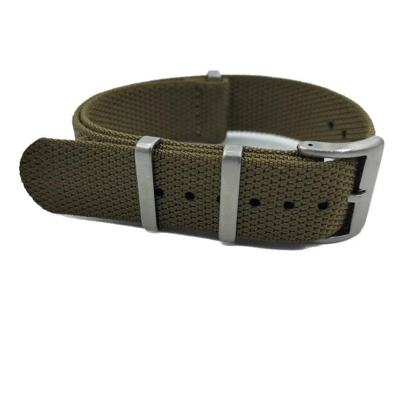 Nylon integrated watch strap in army green colour showing textile weave and buckle.