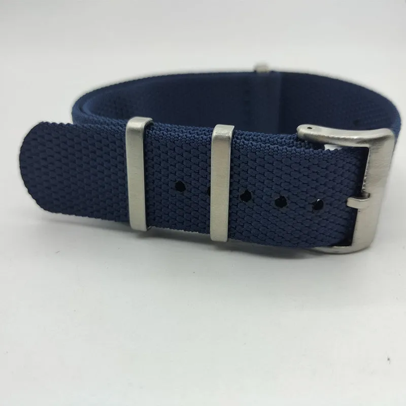 Nylon integrated watch strap in army green colour showing textile weave and buckle.