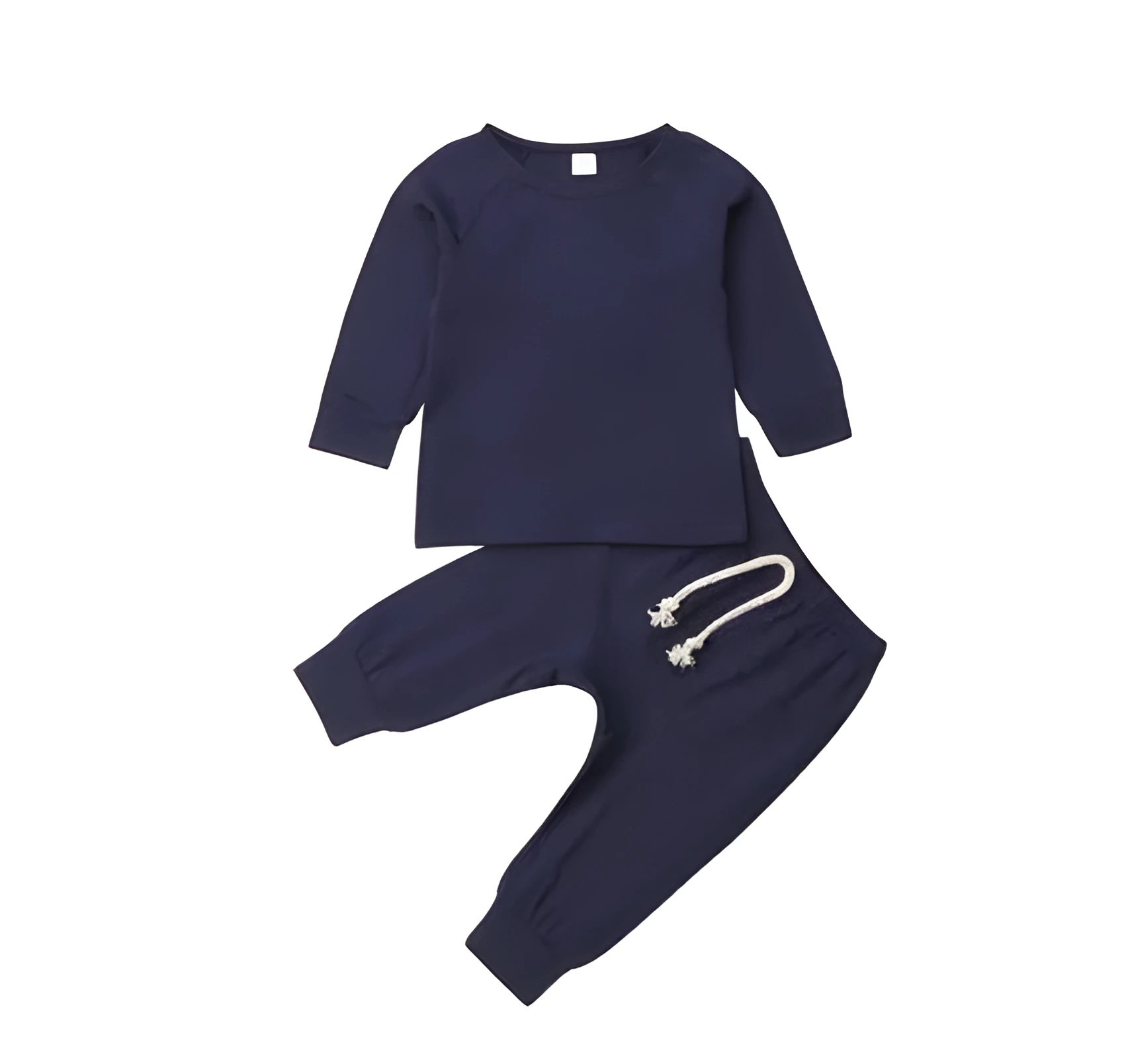 Blue cotton baby romper tracksuit set with cartoon pattern, shown on size chart for 6M to 24M.