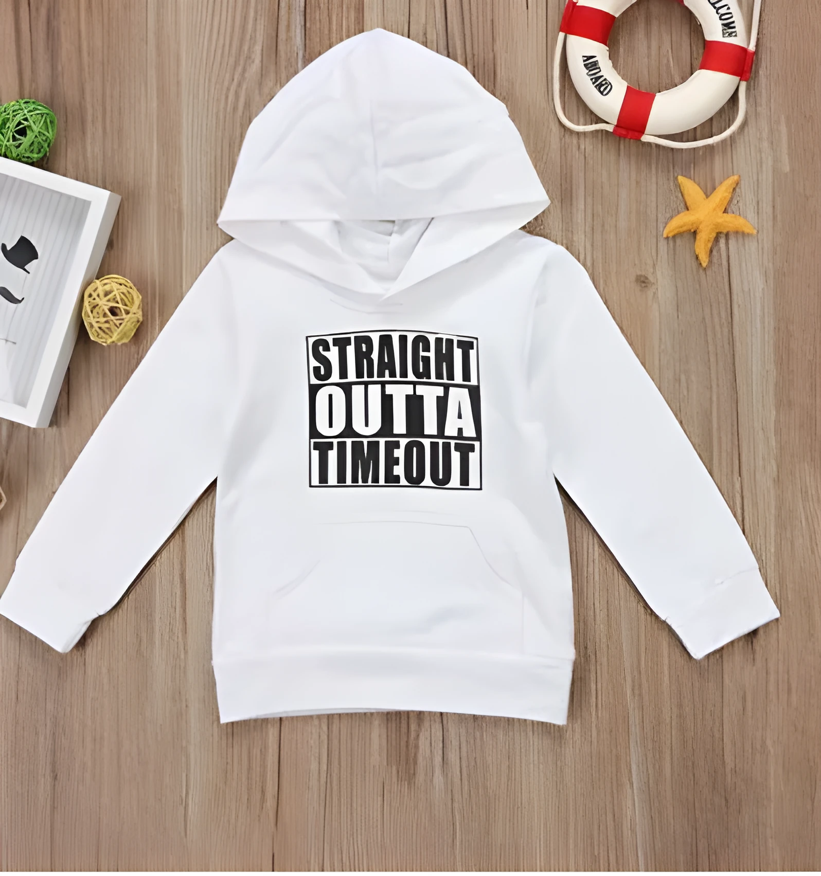 Boys' black hooded sweater with white letter pattern, long sleeves, and pullover style