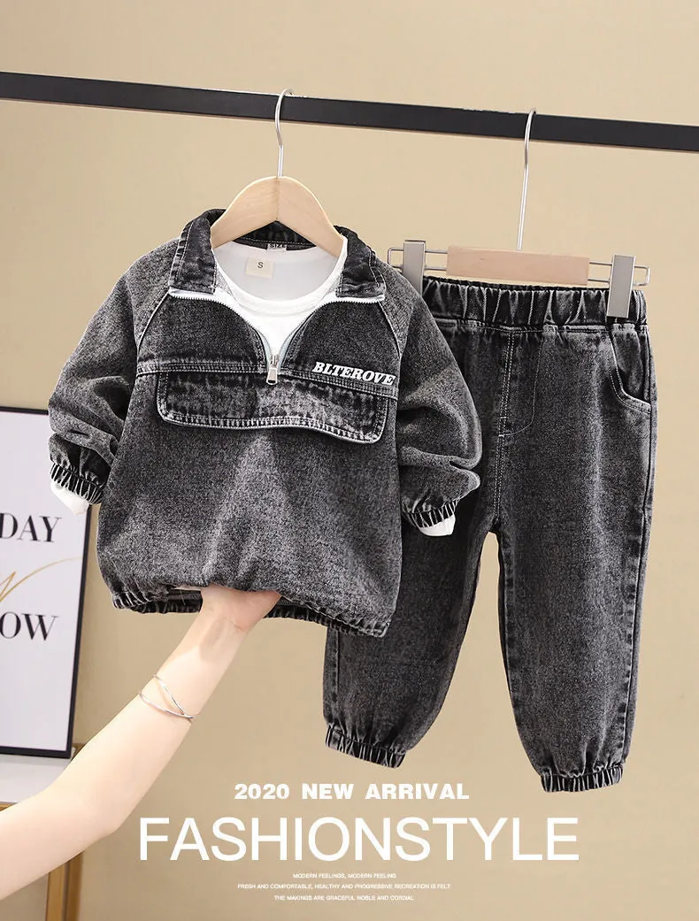 Boys black and blue denim two-piece suit set with long sleeves in Korean style children's clothing