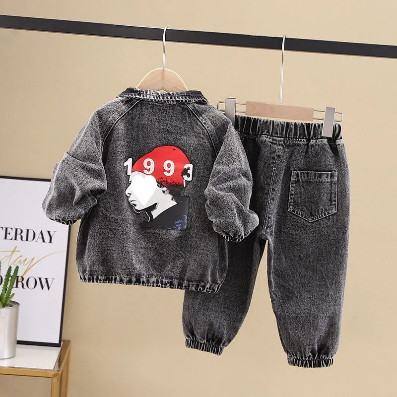Boys black and blue denim two-piece suit set with long sleeves in Korean style children's clothing