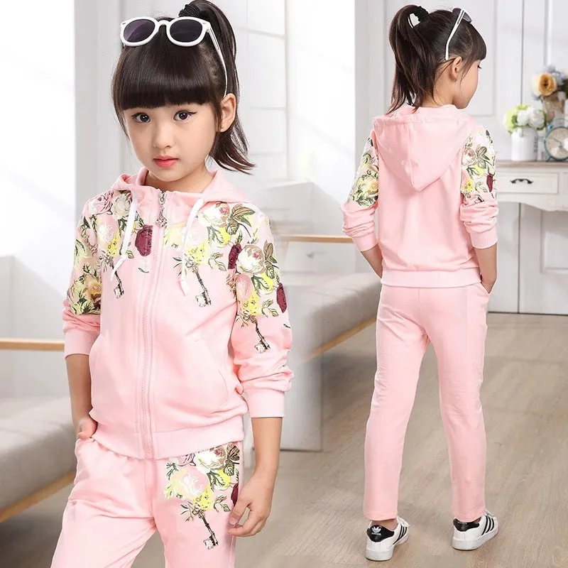 Children's pink hooded track suit set showing pullover top and joggers for age 8+