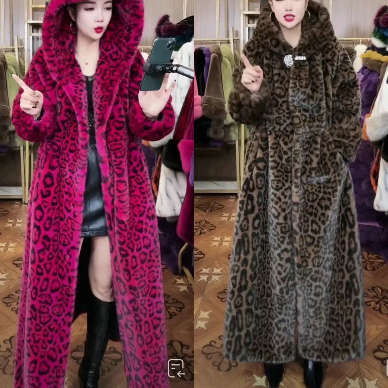 Long brown leopard print faux fur coat on a model, showing loose plus-size fit and regular sleeves.