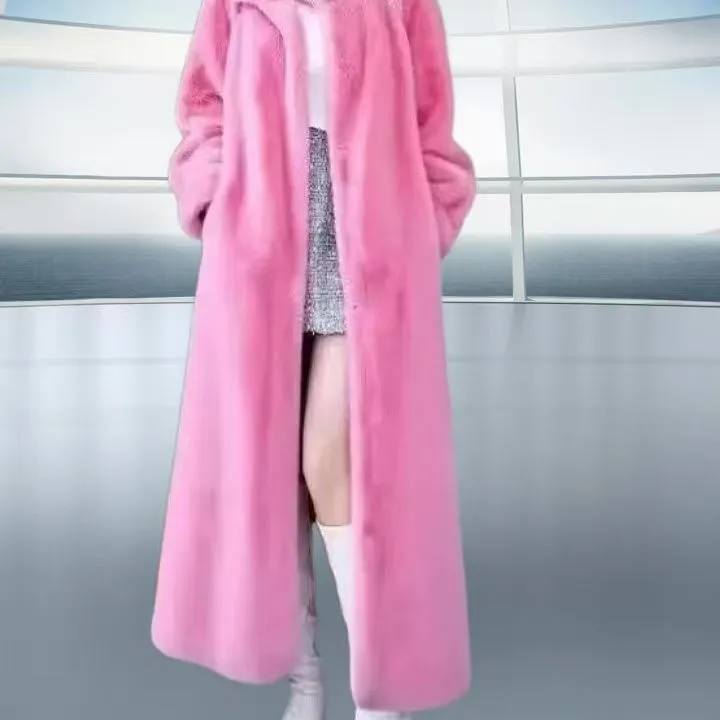Long brown leopard print faux fur coat on a model, showing loose plus-size fit and regular sleeves.