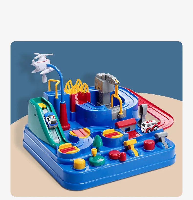 Children's plastic parking lot toy track with crane, conveyor belt, and included vehicles