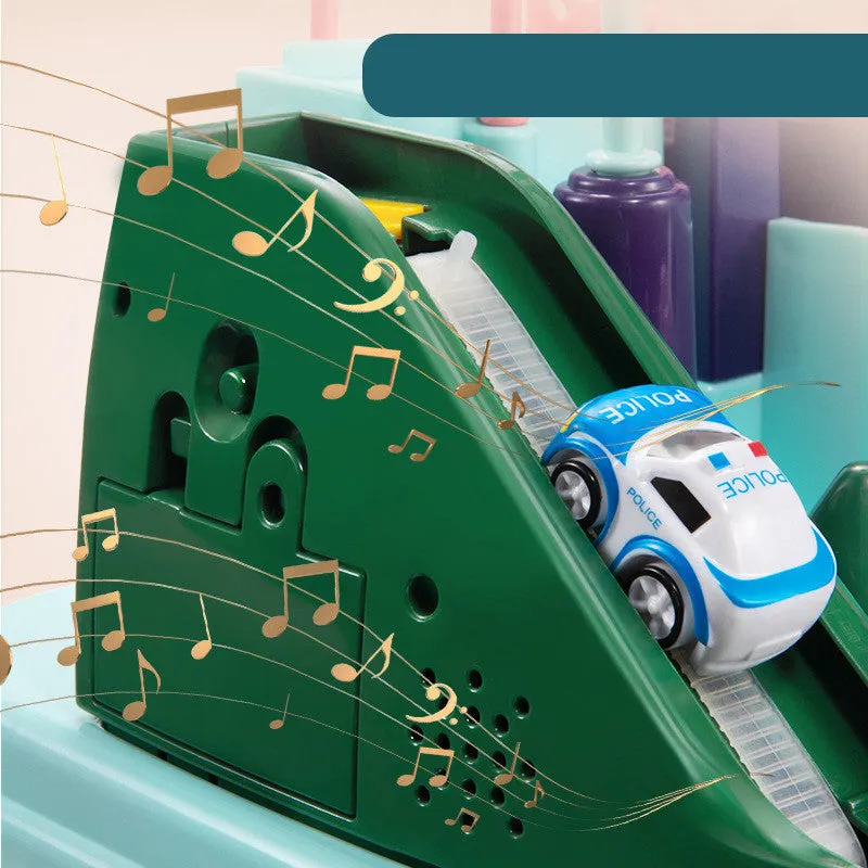 Children's plastic parking lot toy track with crane, conveyor belt, and included vehicles