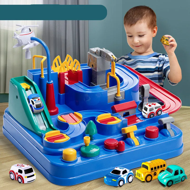 Children's plastic parking lot toy track with crane, conveyor belt, and included vehicles