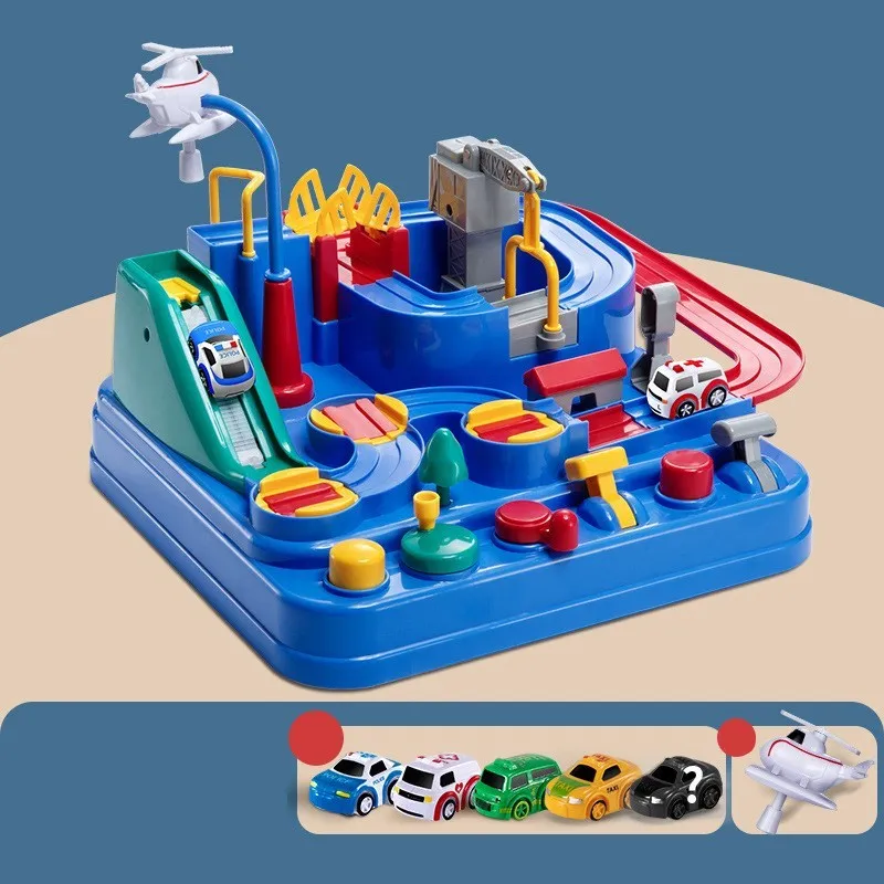 Children's plastic parking lot toy track with crane, conveyor belt, and included vehicles