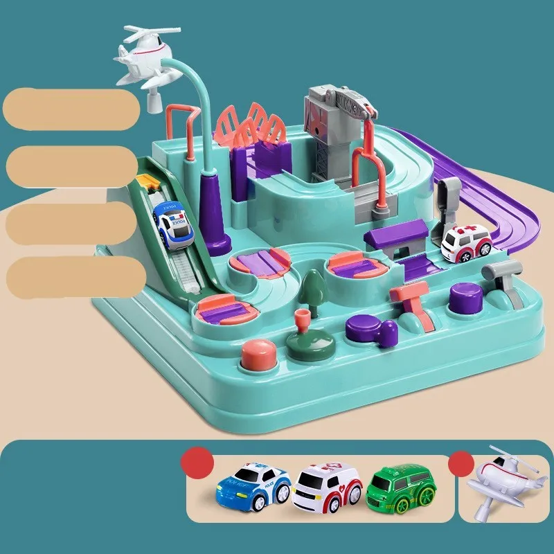 Children's plastic parking lot toy track with crane, conveyor belt, and included vehicles