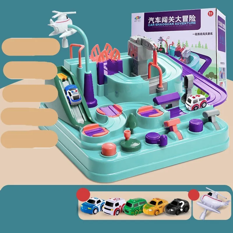 Children's plastic parking lot toy track with crane, conveyor belt, and included vehicles