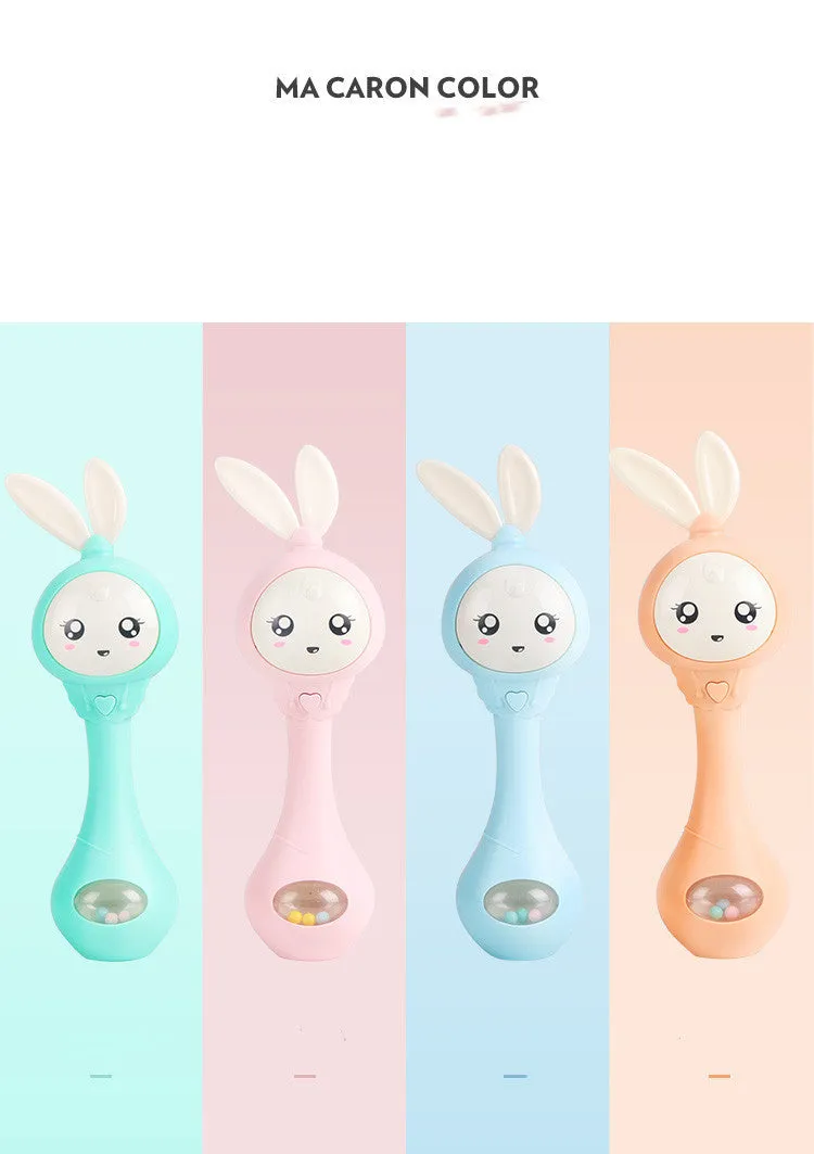 Baby musical teething stick toy in light blue, mint green, orange or pink with safe ABS plastic chewing surfaces
