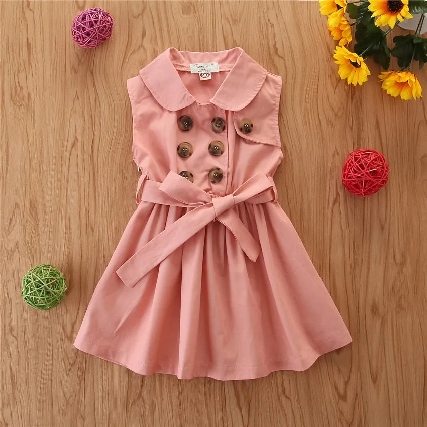 Sleeveless cotton A-line princess dress for a young girl, shown in pink.