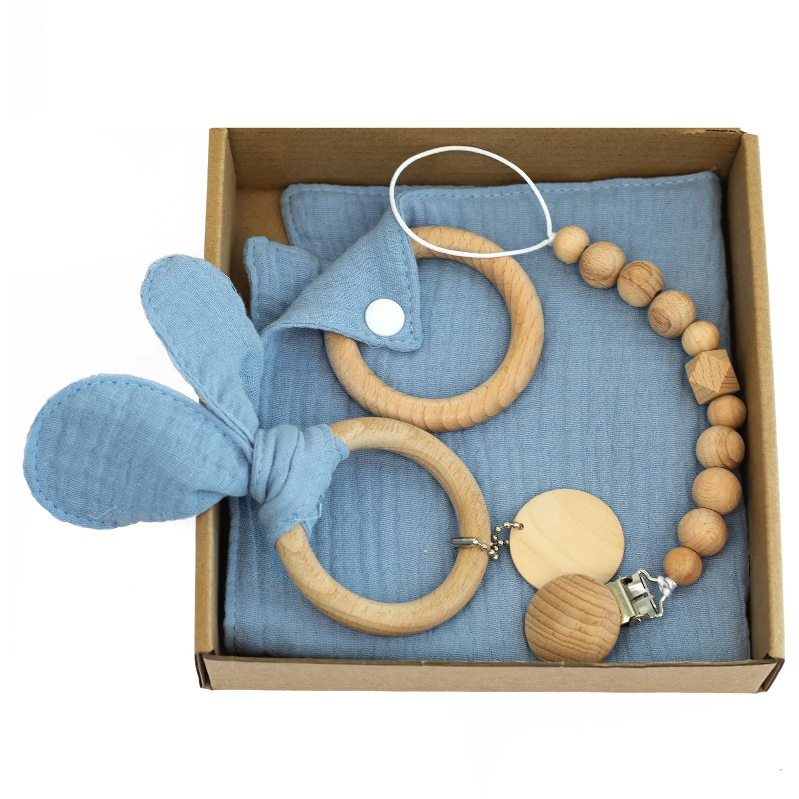 Baby teething toy set with bamboo blanket, wooden teether, bell, tyre brush and milestone for infant development