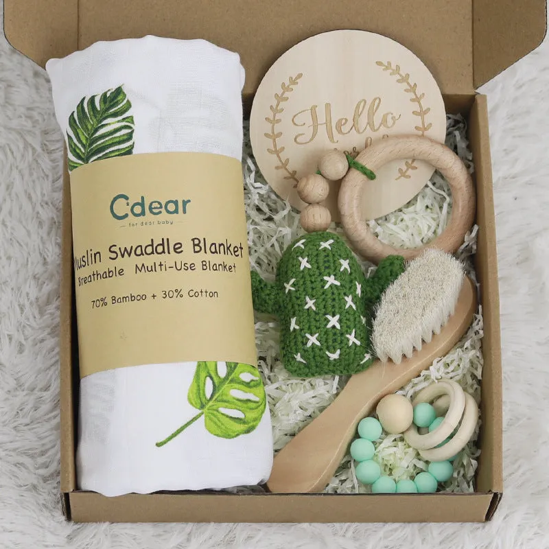 Baby teething toy set with bamboo blanket, wooden teether, bell, tyre brush and milestone for infant development