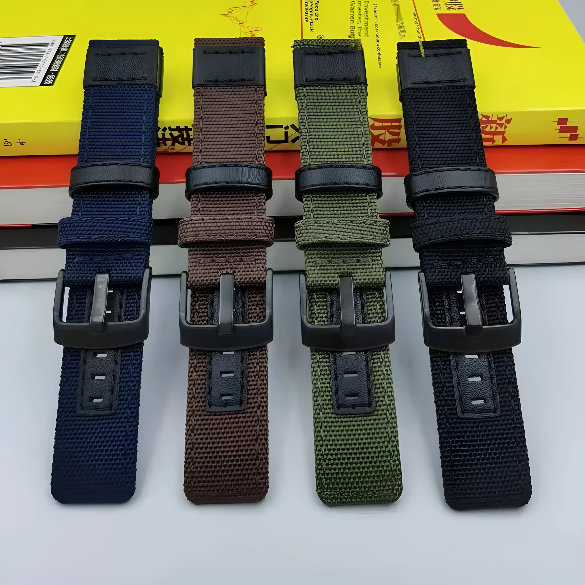 Canvas Oxford cloth watch strap in Army Green, showing textured fabric and metal buckle.