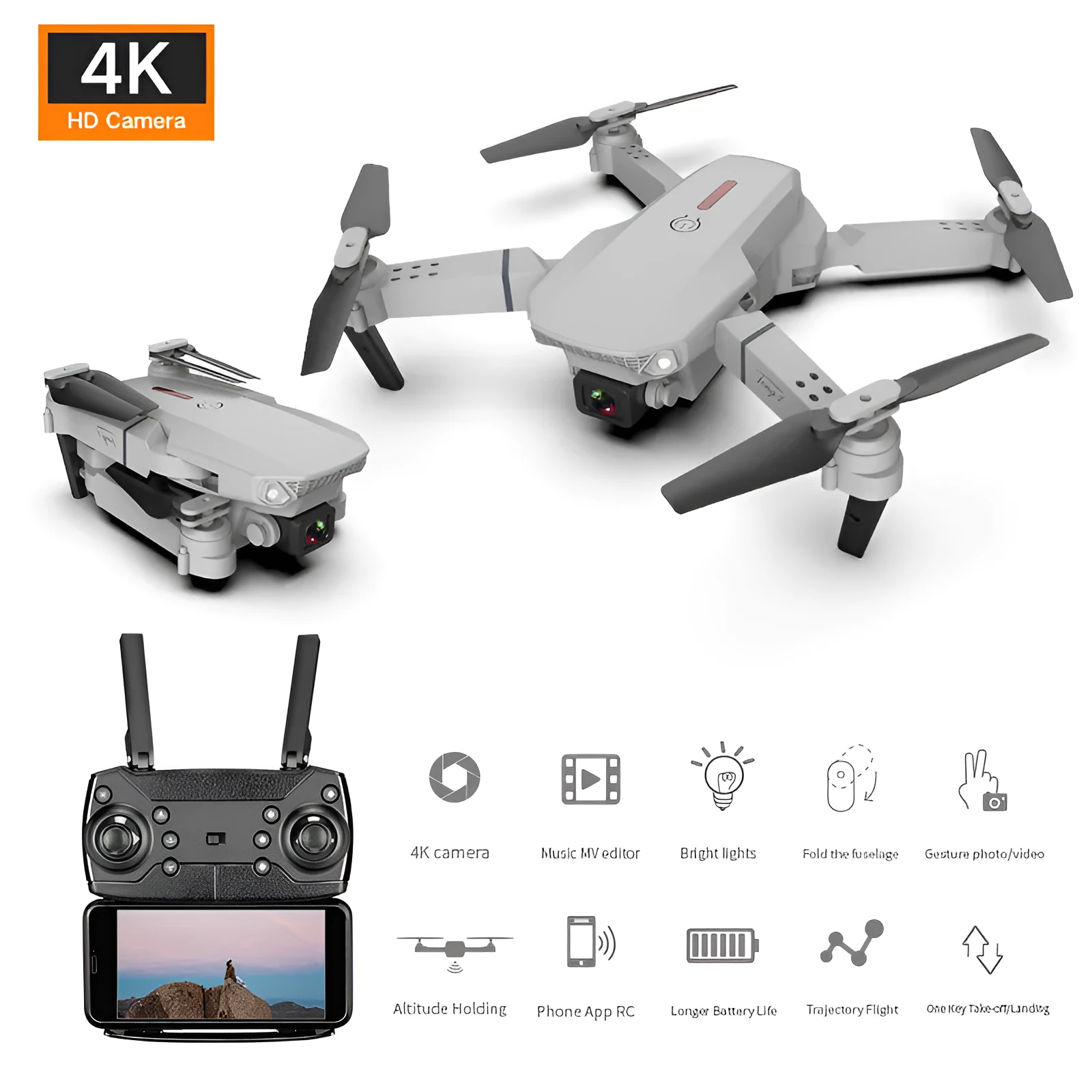 Grey foldable 4K dual camera drone with remote controller on a table.