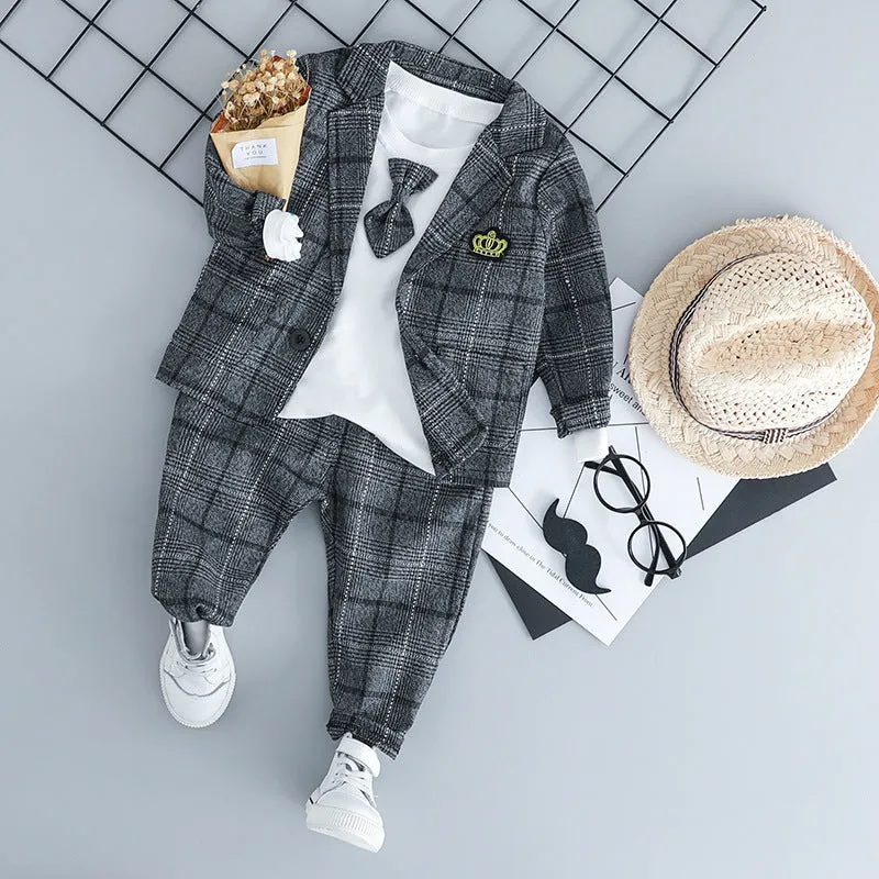 Children's three-piece cotton knit suit in coffee colour for boys aged 1-3 years