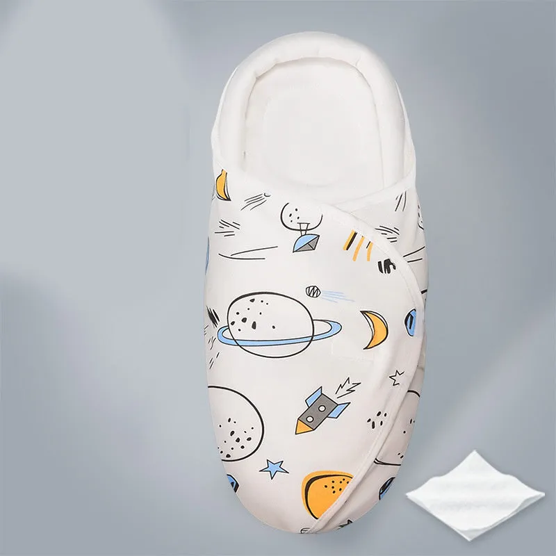 Pure cotton anti-startle baby swaddle in a 30x60 cm size showing one of eight print designs like Dinosaur or Starry Sky.