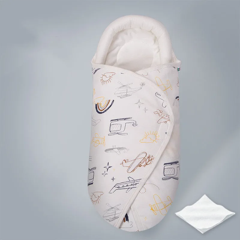 Pure cotton anti-startle baby swaddle in a 30x60 cm size showing one of eight print designs like Dinosaur or Starry Sky.