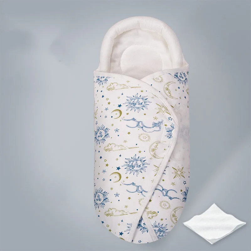 Pure cotton anti-startle baby swaddle in a 30x60 cm size showing one of eight print designs like Dinosaur or Starry Sky.