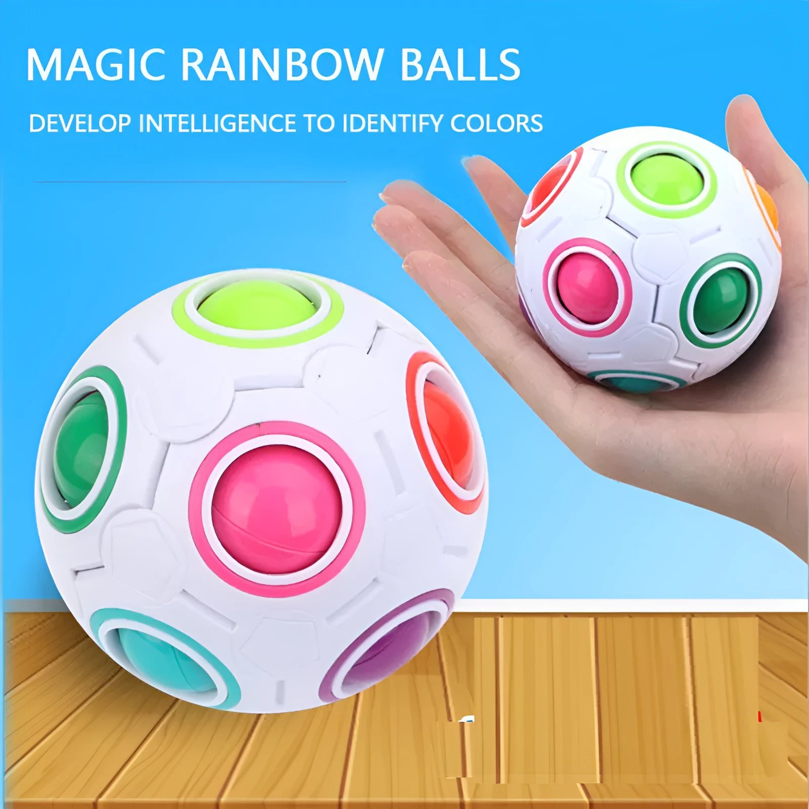 Rainbow coloured ball puzzle with multiple holes showing balls inside plastic sphere