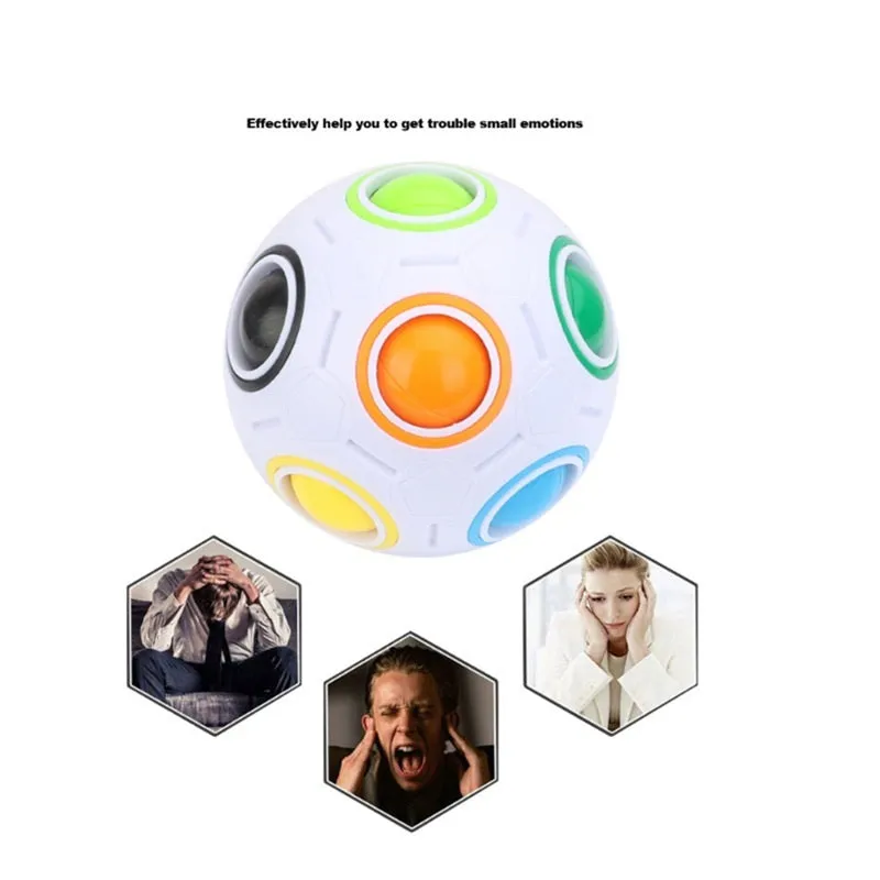 Rainbow coloured ball puzzle with multiple holes showing balls inside plastic sphere