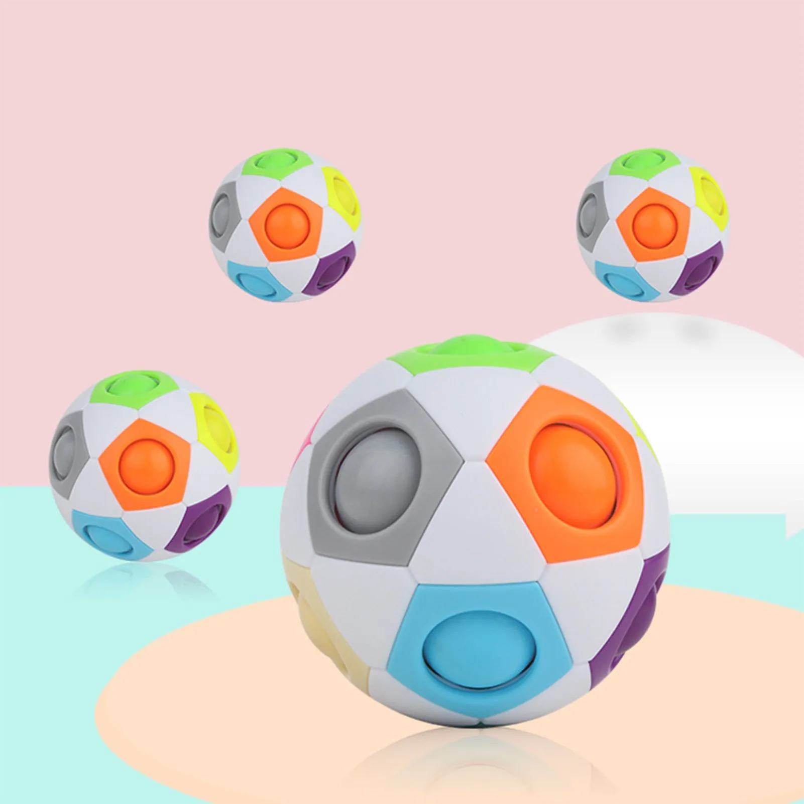 Rainbow coloured ball puzzle with multiple holes showing balls inside plastic sphere
